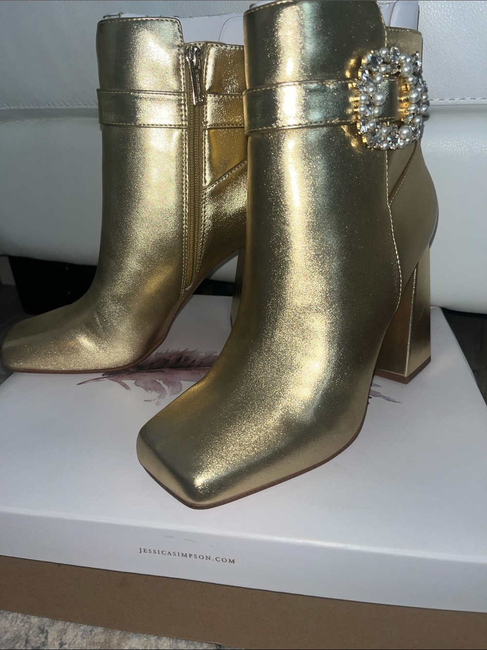 Jessica Simpson Gold Jeweled Buckle Block Heel Ankle Boots